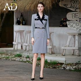 AD欧美复古格子西装裙撞色翻领职业连衣裙女2023新款主持人正装裙