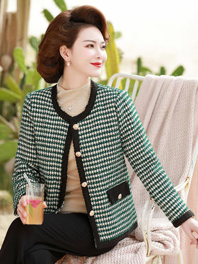 CX-妈妈气质千鸟格短款外套中年女春装薄款西装中老年春秋小香风上衣
