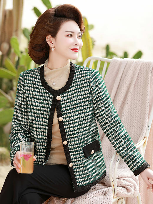 CX-妈妈气质千鸟格短款外套中年女春装薄款西装中老年春秋小香风上衣 商品图0