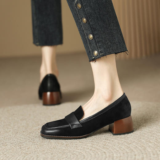 爆款百搭，平头粗跟真皮擦色单鞋BY-H209-1 商品图3