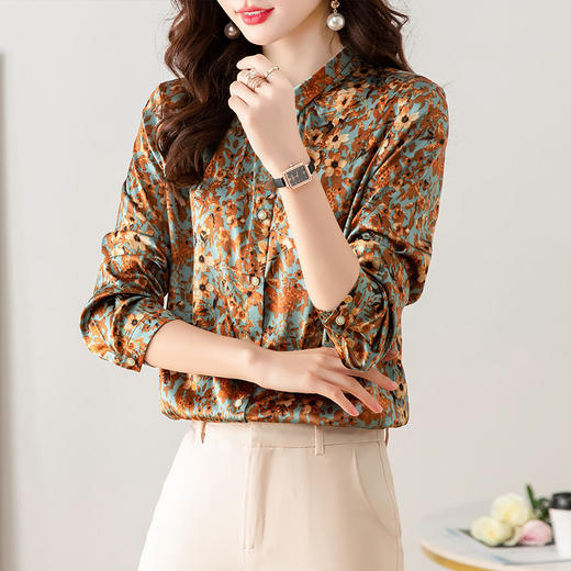 KQLFS-60309春新款立领长袖职业通勤拼接轻熟风印花桑蚕丝上衣 商品图2