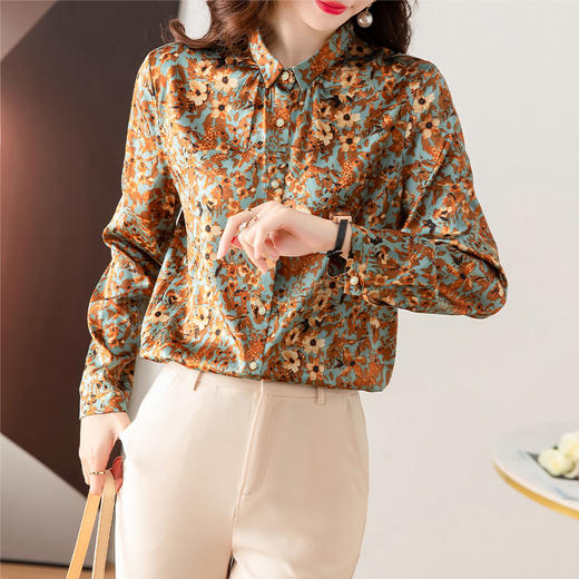 KQLFS-60309春新款立领长袖职业通勤拼接轻熟风印花桑蚕丝上衣 商品图1