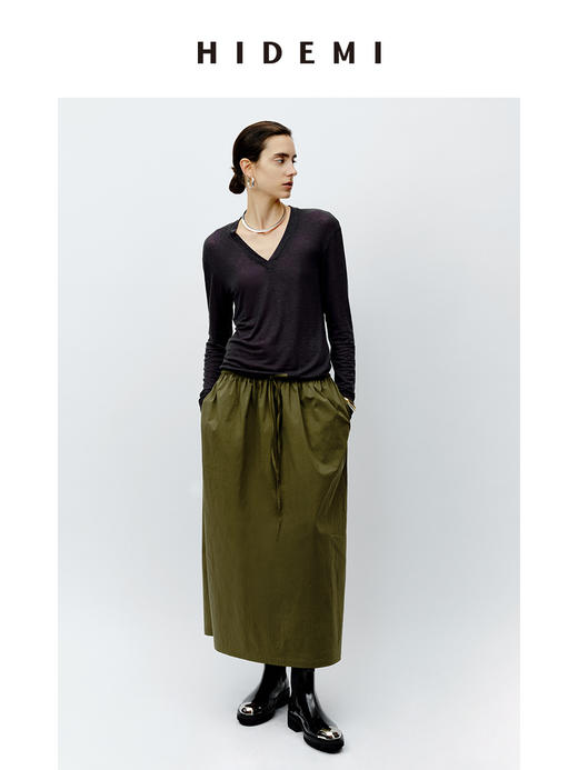 HIDEMI 柔顺云朵感清透V领超显瘦长袖薄针织T恤上衣 黑色/灰色/白色 商品图3