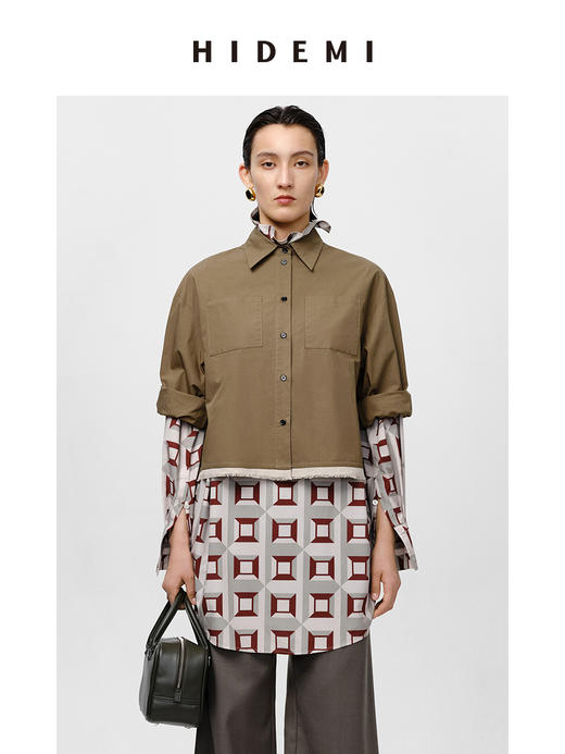 HIDEMI 军绿色极简廓形短款毛边拼接衬衫 商品图6