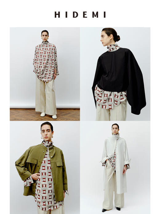 HIDEMI “我们做印花”经典几何设计感廓形印花缎面衬衫 米绿/黄蓝 商品图2