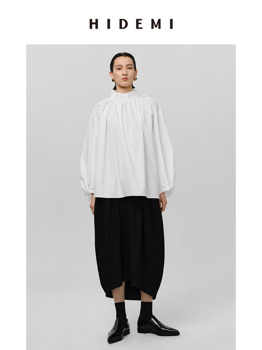 HIDEMI 花苞极简廓形抽绳褶皱设计感衬衫 黑色/白色 商品图4