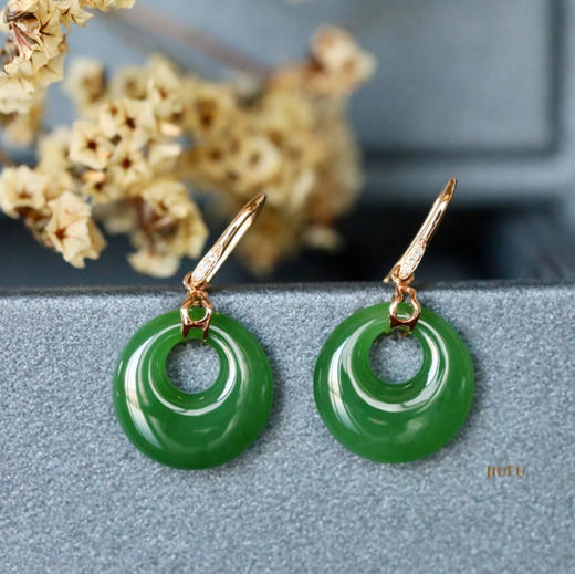 18K玫瑰金和田玉（碧玉）耳饰--福禄/高抵扣16*5mm/总长30mm/阳绿 商品图0