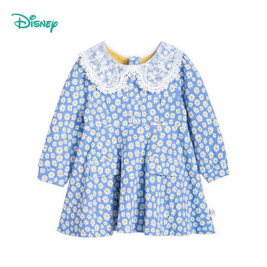 迪士尼童装女童小雏菊连衣裙中大童宝宝洋气针织布长袖裙子蕾丝领 商品图5