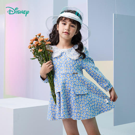 迪士尼童装女童小雏菊连衣裙中大童宝宝洋气针织布长袖裙子蕾丝领 商品图1