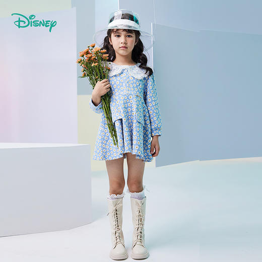 迪士尼童装女童小雏菊连衣裙中大童宝宝洋气针织布长袖裙子蕾丝领 商品图2
