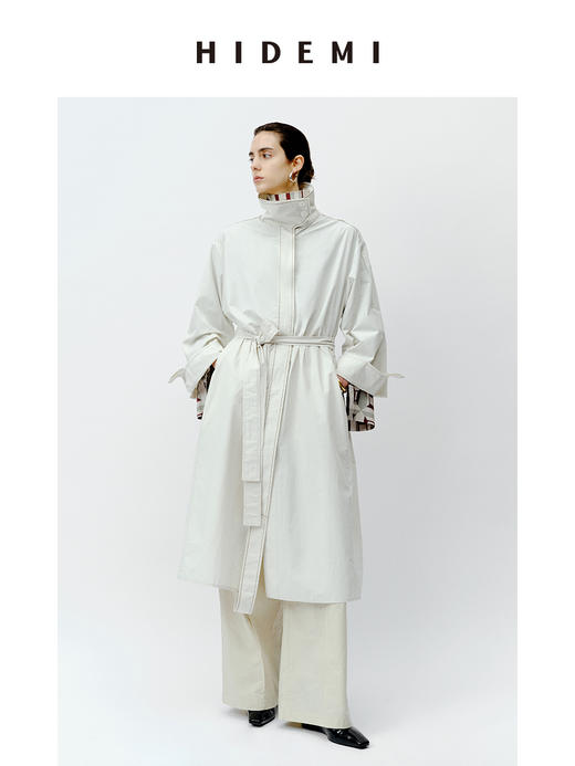 HIDEMI 极简设计感明线廓形立领腰带式长款水洗棉风衣 商品图5