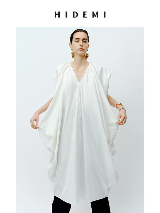 HIDEMI 抽绳立体褶皱设计感大茧型系带衬衫连衣裙 白色/黑色 商品图8