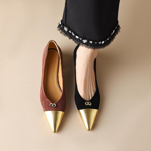 法式拼色低跟鞋，名媛风尖头粗跟浅口黑色单鞋HBP-5062 商品图1
