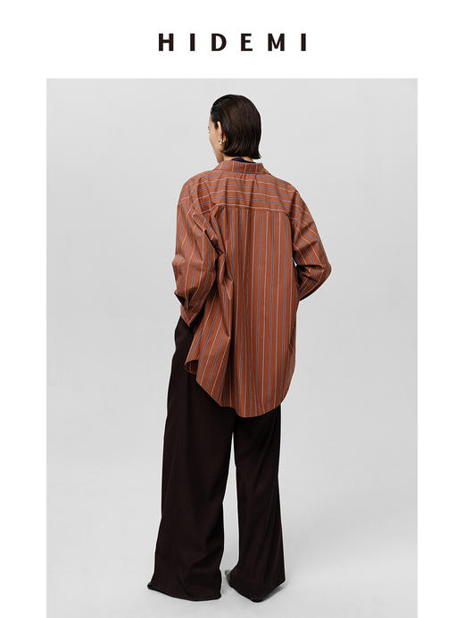 HIDEMI 砖红色色织条纹极简廓形剪刀领衬衫 商品图12