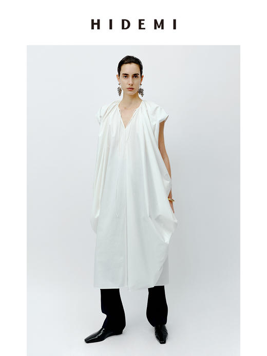 HIDEMI 抽绳立体褶皱设计感大茧型系带衬衫连衣裙 白色/黑色 商品图10
