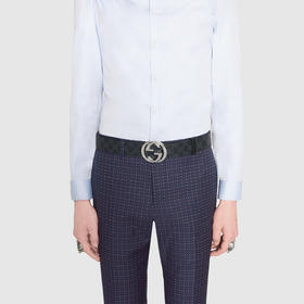 Gucci 古驰GG Supreme帆布互扣式双 G 带扣 男士4cm宽帆布腰带，钯色金属扣头411924