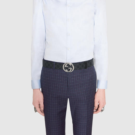 Gucci 古驰GG Supreme帆布互扣式双 G 带扣 男士4cm宽帆布腰带，钯色金属扣头411924 商品图0