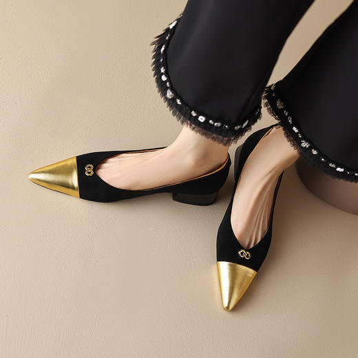 法式拼色低跟鞋，名媛风尖头粗跟浅口黑色单鞋HBP-5062 商品图2
