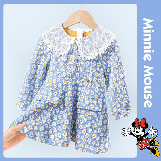 迪士尼童装女童小雏菊连衣裙中大童宝宝洋气针织布长袖裙子蕾丝领 商品图4