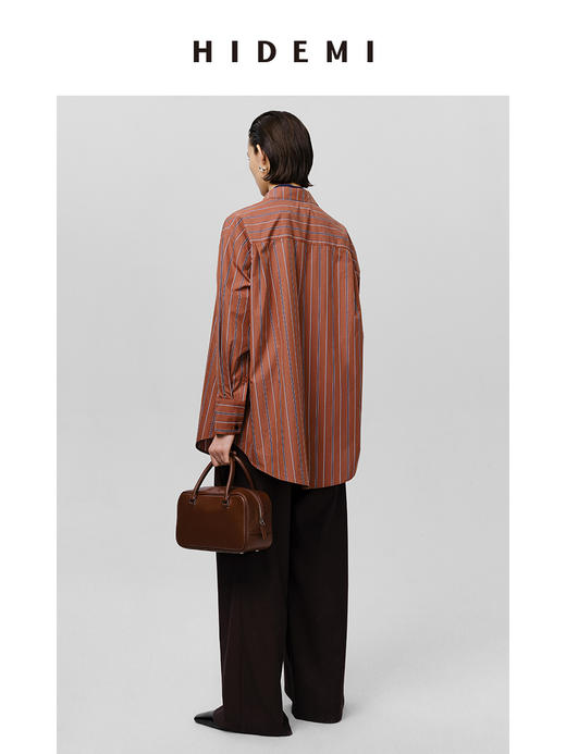 HIDEMI 砖红色色织条纹极简廓形剪刀领衬衫 商品图3