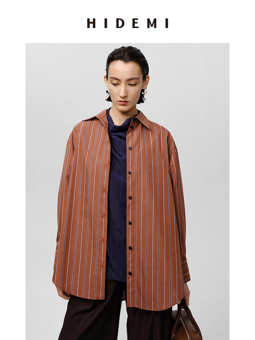 HIDEMI 砖红色色织条纹极简廓形剪刀领衬衫 商品图8
