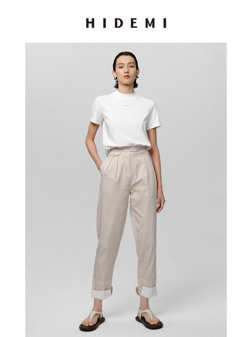 HIDEMI 原色水洗色织极简高腰卷边锥形裤 商品图5