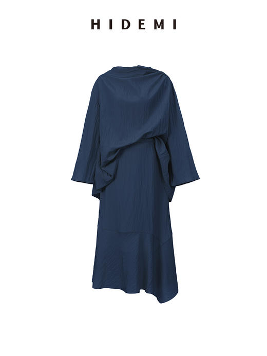 HIDEMI 褶皱云朵感极简涟漪领套装 上衣/半身裙 黄油色/藏蓝色 商品图7