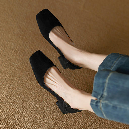 拼色翻皮方头复古，高跟深口单鞋LD-6262 商品图3