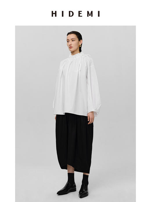 HIDEMI 花苞极简廓形抽绳褶皱设计感衬衫 黑色/白色 商品图2