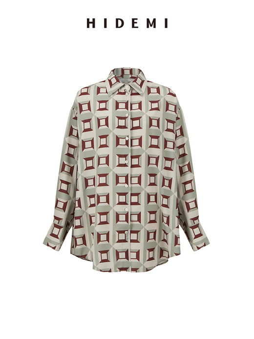 HIDEMI “我们做印花”经典几何设计感廓形印花缎面衬衫 米绿/黄蓝 商品图11