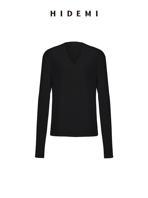 HIDEMI 柔顺云朵感清透V领超显瘦长袖薄针织T恤上衣 黑色/灰色/白色 商品图12