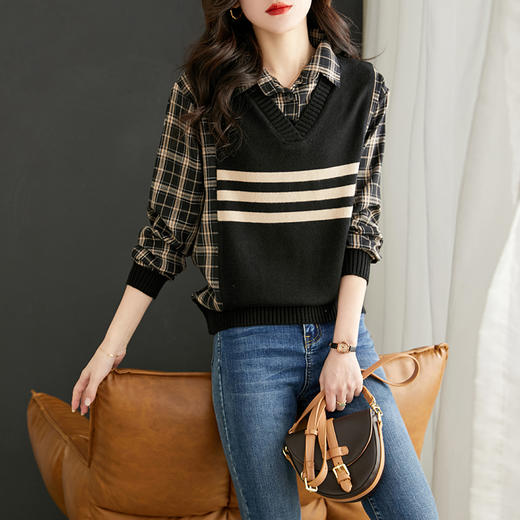 清新减龄，翻领拼接格纹假两件衬衫HR-LDSB232 商品图2