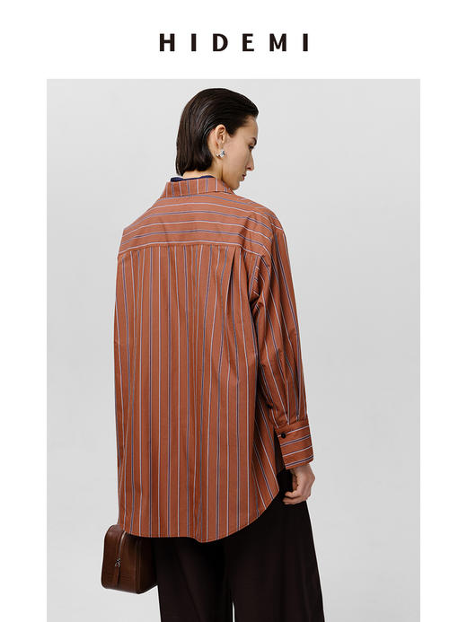 HIDEMI 砖红色色织条纹极简廓形剪刀领衬衫 商品图4