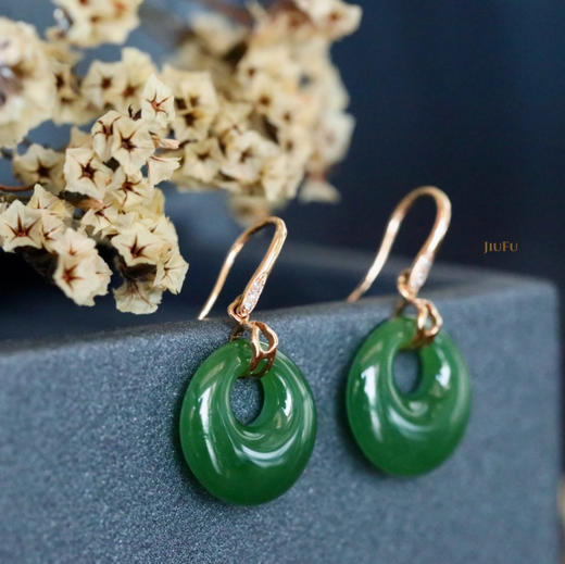 18K玫瑰金和田玉（碧玉）耳饰--福禄/高抵扣16*5mm/总长30mm/阳绿 商品图1