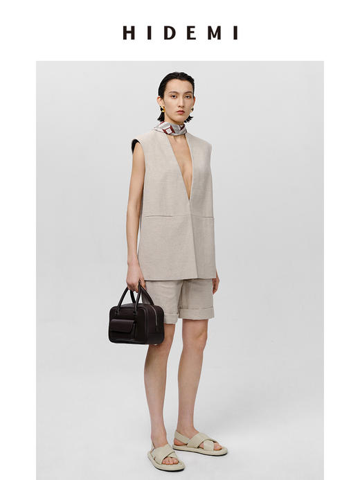 HIDEMI 极简V领原色自然亚麻西装系列套装 廓形马夹/西裤中短裤 商品图9