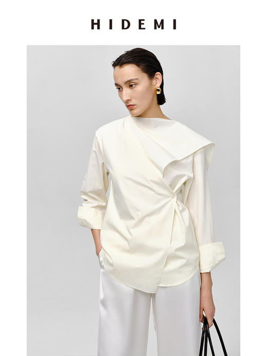 HIDEMI 不规则丝巾领纽扣设计感衬衫 奶油米/沙丘灰 商品图7