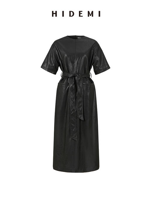 HIDEMI 极简翻领立领廓形口袋环保皮连衣裙皮裙 商品图12