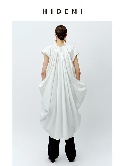 HIDEMI 抽绳立体褶皱设计感大茧型系带衬衫连衣裙 白色/黑色 商品图12