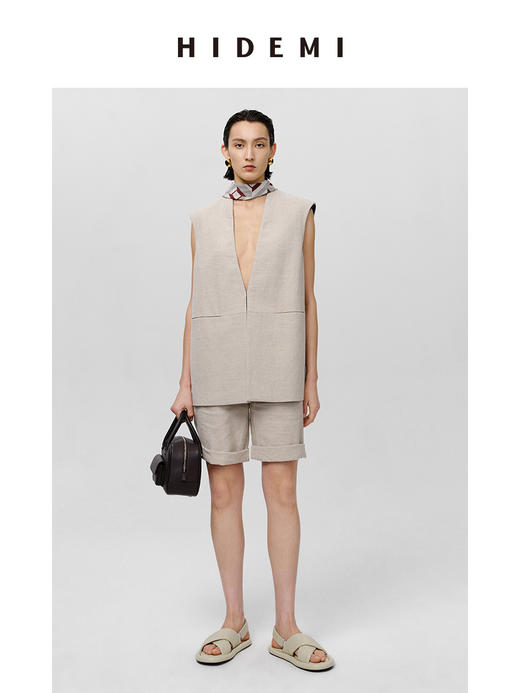 HIDEMI 极简V领原色自然亚麻西装系列套装 廓形马夹/西裤中短裤 商品图10