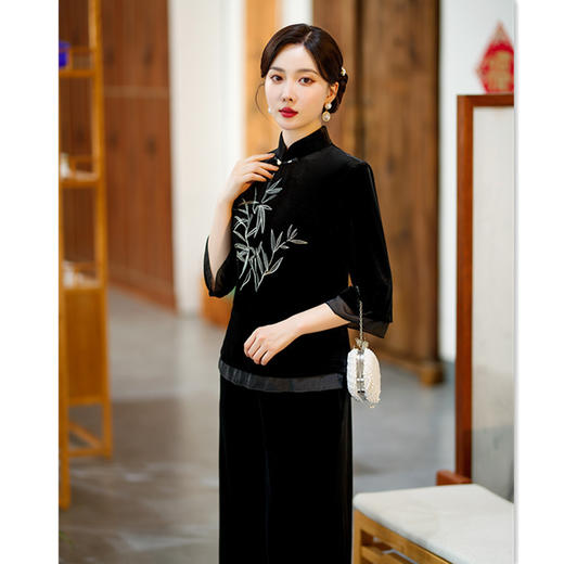 丝绒绣花旗袍上衣阔腿裤旗袍套装GX22917 商品图3