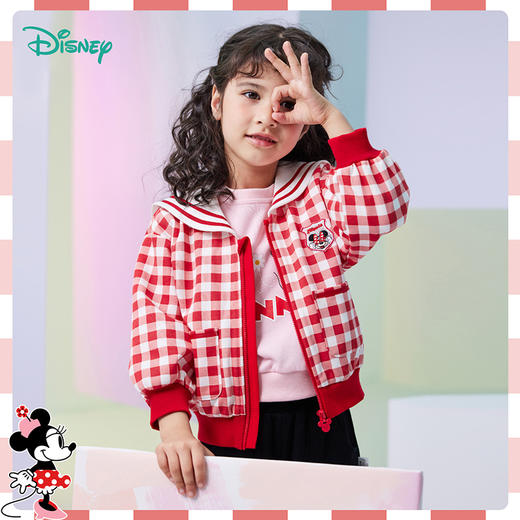 【商场同款】迪士尼童装女童大翻领学院风格子外套中大童宝宝春秋潮搭米妮徽章 商品图0
