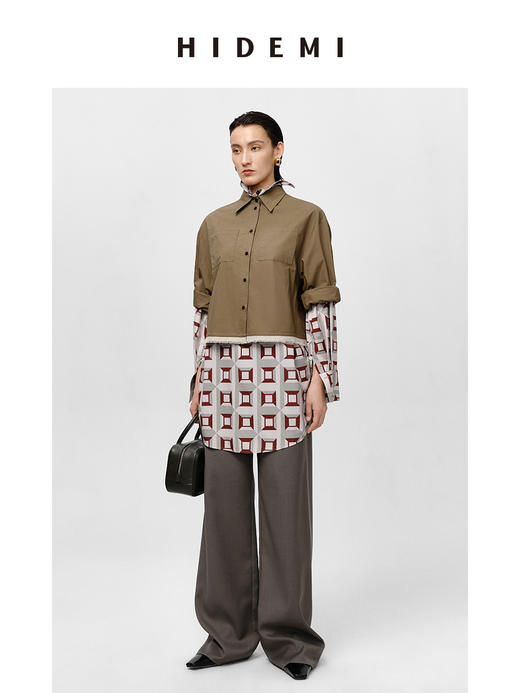 HIDEMI 军绿色极简廓形短款毛边拼接衬衫 商品图1