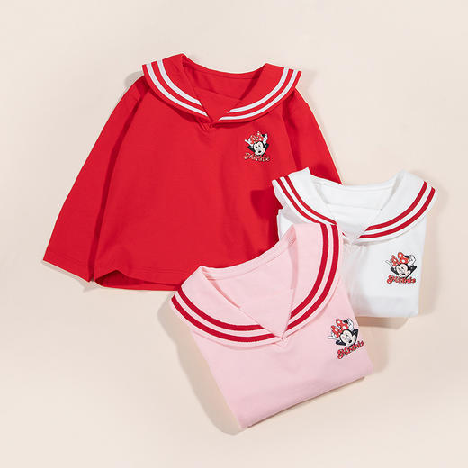 【商场同款】迪士尼童装女童长袖T恤条纹翻领海军学院风气质上衣粉白红米妮潮221DS0466 商品图10