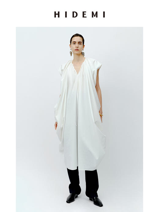 HIDEMI 抽绳立体褶皱设计感大茧型系带衬衫连衣裙 白色/黑色 商品图3