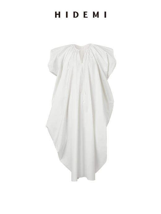 HIDEMI 抽绳立体褶皱设计感大茧型系带衬衫连衣裙 白色/黑色 商品图13