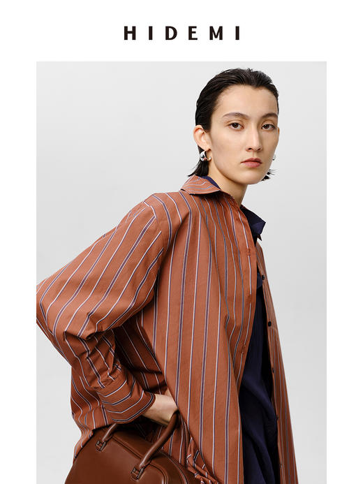 HIDEMI 砖红色色织条纹极简廓形剪刀领衬衫 商品图9