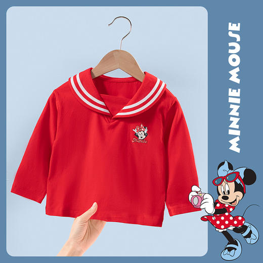 【商场同款】迪士尼童装女童长袖T恤条纹翻领海军学院风气质上衣粉白红米妮潮221DS0466 商品图3
