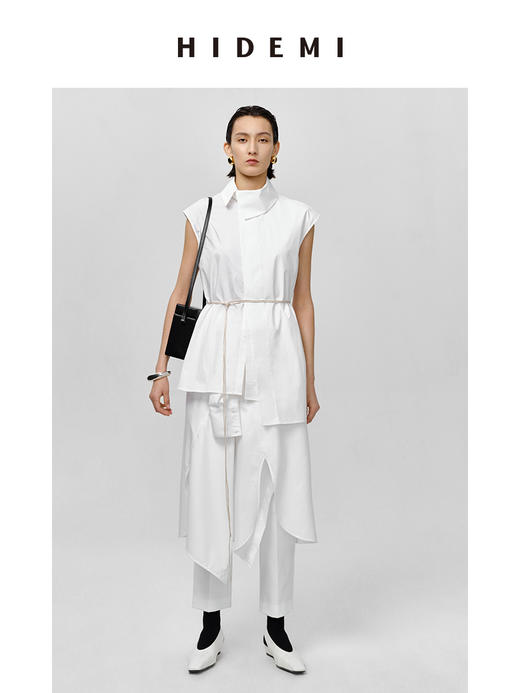 HIDEMI 极简不对称剪裁翻领设计感无袖衬衫 商品图1