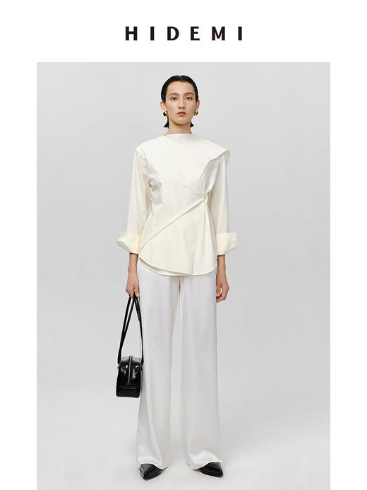 HIDEMI 不规则丝巾领纽扣设计感衬衫 奶油米/沙丘灰 商品图0