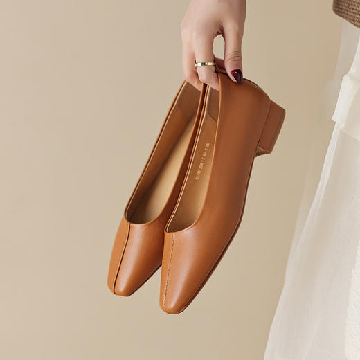 低跟米白色方头玛丽珍鞋，焦糖色平底鞋女软底浅口单鞋OFSM-6715 商品图6